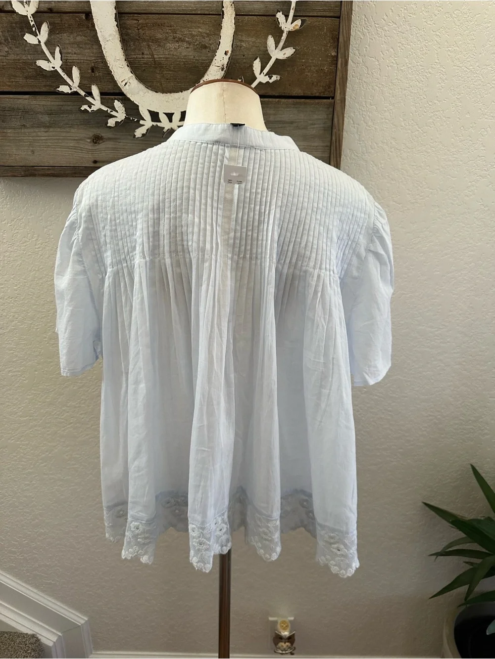J. Crew Light Blue Pintuck Blouse with Lace Hem size L NWT CK051